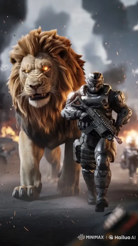 Armored Soldier and Lion Advance Through Fiery Battlefield – AI Generated Video | Hailuo AI