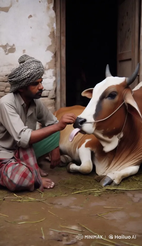 Man Comforts Sick Cow in Rustic Bonding Moment – AI Generated Video | Hailuo AI