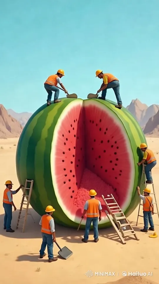 Miniature Workers Construct Inside Giant Watermelon – AI Generated Video | Hailuo AI