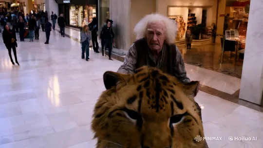 Elderly Man Rides Exotic Cat in Modern Mall – AI Generated Video | Hailuo AI