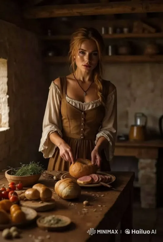 Rustic Kitchen: Woman Slices Bread Aesthetically – AI Generated Video | Hailuo AI