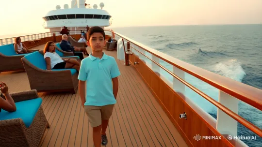 Boy on Cruise Ship Deck Amid Serene Sea – AI Generated Video | Hailuo AI