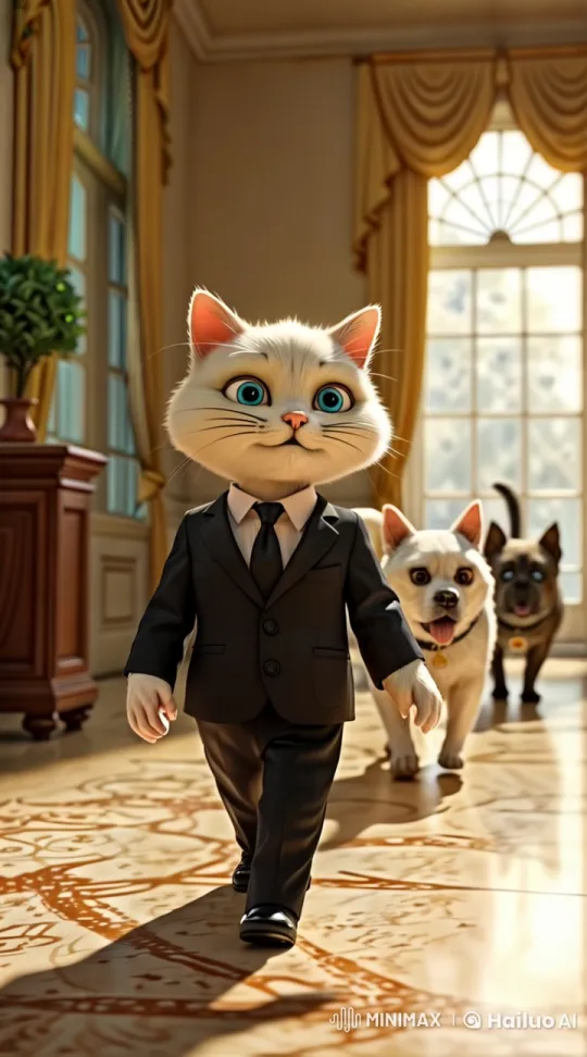 Anthropomorphic Cat Struts in Elegant Hallway with Attired Dogs – AI Generated Video | Hailuo AI