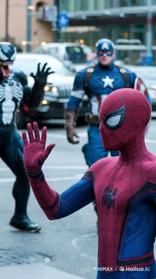 Spider-Man, Captain America, and Venom in Urban Encounter – AI Generated Video | Hailuo AI