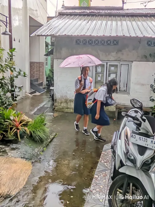 Two Schoolgirls Play Guitars Under a Pink Umbrella in a Rainy Alley – AI Generated Video | Hailuo AI