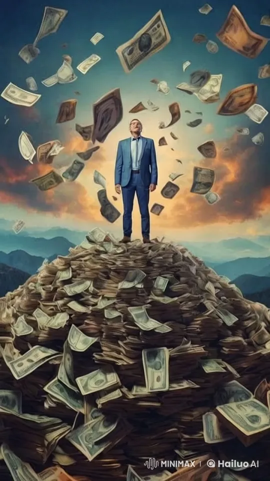Man Stands Confidently on Money Pile Amidst Mountains and Sunset – AI Generated Video | Hailuo AI