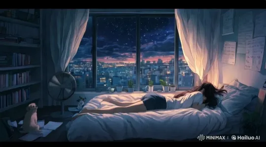 Tranquil Bedroom Scene with Gentle Rain and Stars – AI Generated Video | Hailuo AI