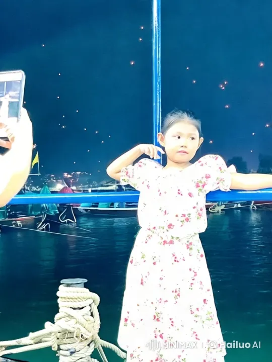 Child Poses by Nighttime Waterfront with Magical Lights – AI Generated Video | Hailuo AI