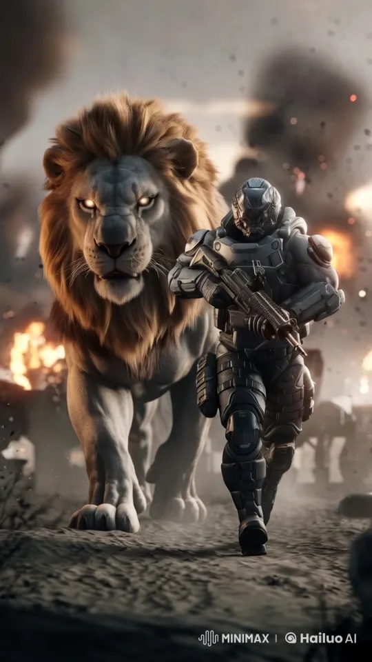 Futuristic Soldier and Lion March Through War Zone – AI Generated Video | Hailuo AI