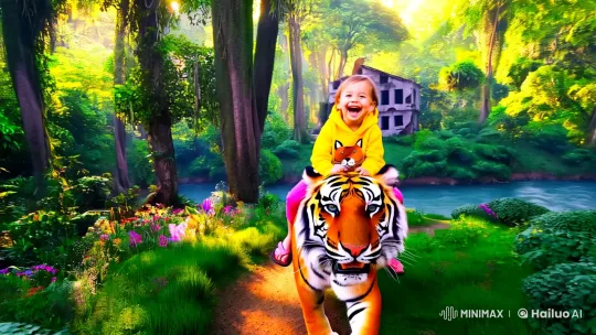Child Rides Majestic Tiger Through Enchanted Jungle – AI Generated Video | Hailuo AI