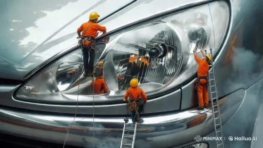 Tiny Workers Detailing a Giant Headlight – AI Generated Video | Hailuo AI