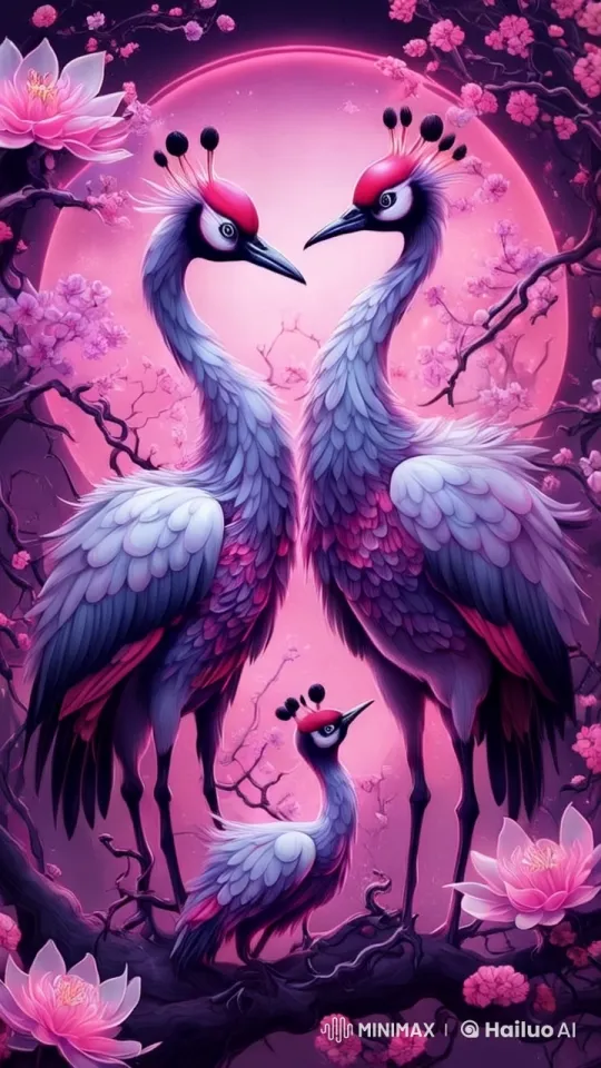 Elegant Cranes Amidst Cherry Blossoms and Lotus Flowers – AI Generated Video | Hailuo AI