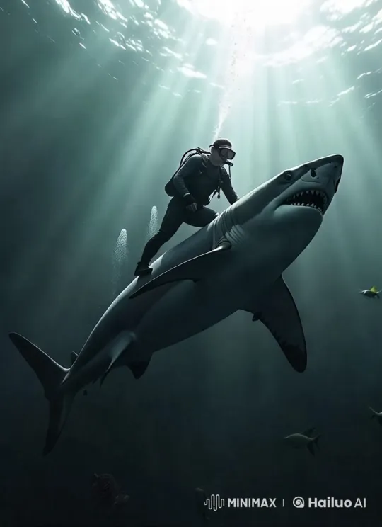 Harmony: Diver Rides Graceful Shark in Sunlit Depths – AI Generated Video | Hailuo AI