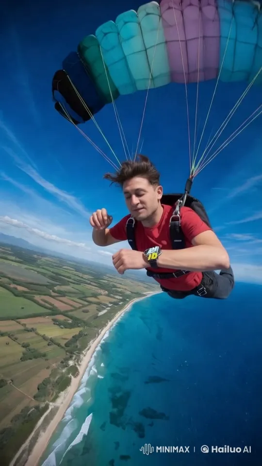 Skydiving Over Coastal Landscape: A Visual Delight – AI Generated Video | Hailuo AI