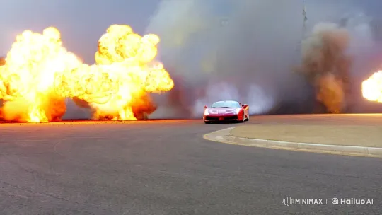 Ferrari Speeds Through Explosions in Intense Chase – AI Generated Video | Hailuo AI