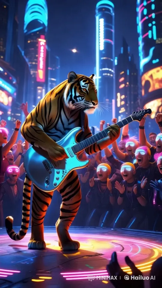 Tiger Rocking Electric Guitar in Futuristic Cityscape – AI Generated Video | Hailuo AI