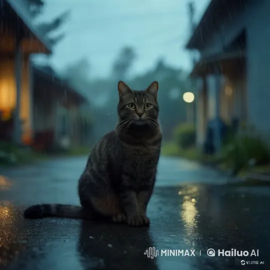 Aesthetic Evening: Calm Tabby Cat Amid Rainy Streets – AI Generated Video | Hailuo AI