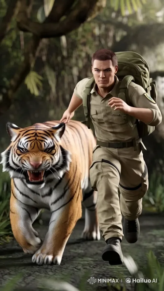 Soldier and Tiger Run Through Jungle in Synchronized Chase – AI Generated Video | Hailuo AI