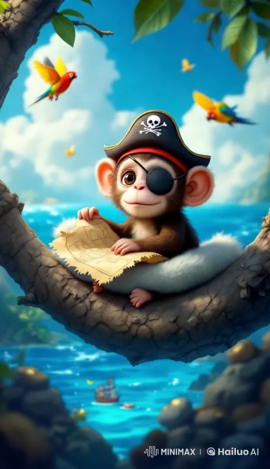 Young Monkey Pirate on Tropical Seascape Adventure – AI Generated Video | Hailuo AI