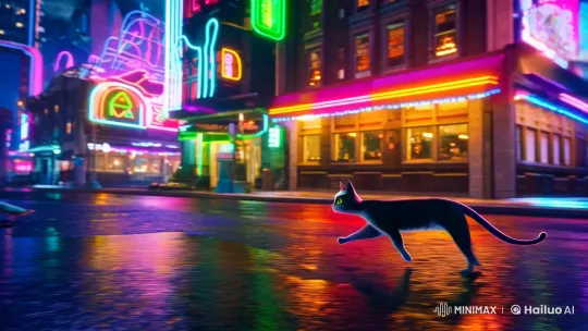 Cyberpunk Cityscape: Neon Night and Feline Grace – AI Generated Video | Hailuo AI
