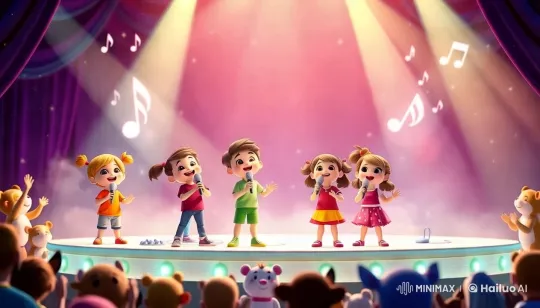 Colorful Stage: Children Sing with Enthusiastic Animal Audience – AI Generated Video | Hailuo AI