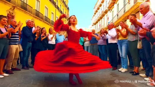 Flamenco Dancer Enchants Sunlit Street Crowd – AI Generated Video | Hailuo AI