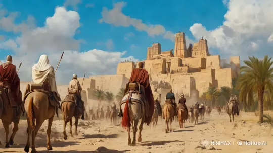 Historic Riders Approach Majestic Fortress in Desert – AI Generated Video | Hailuo AI