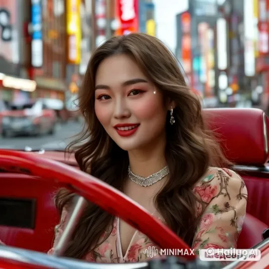 Girl in Red Convertible Amidst Vibrant Cityscape – AI Generated Video | Hailuo AI