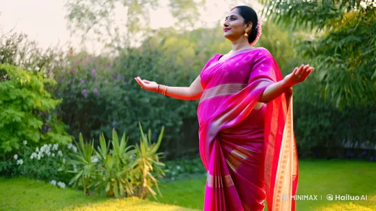 Graceful Yoga in Vibrant Saree: Serene Outdoor Scene – AI Generated Video | Hailuo AI