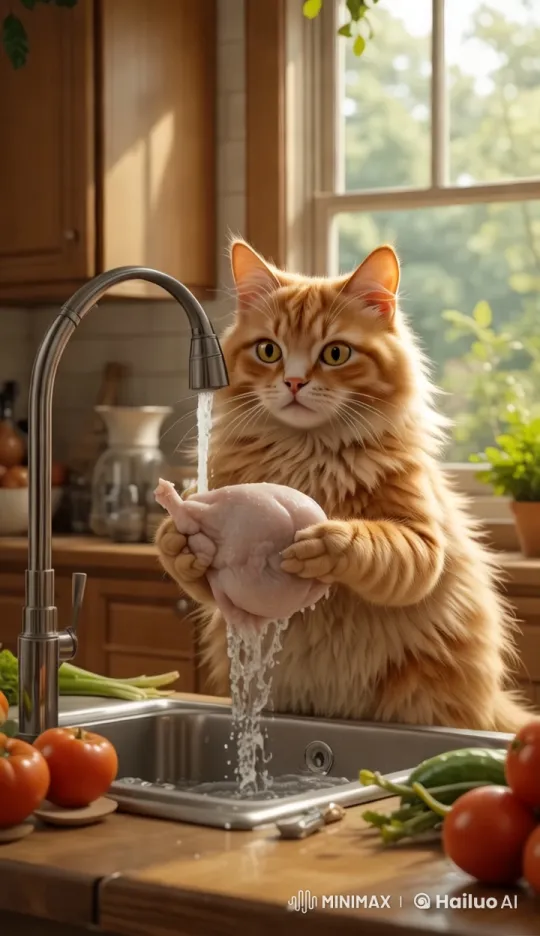 Fluffy Cat Thoroughly Washes Chicken in Cozy Kitchen – AI Generated Video | Hailuo AI