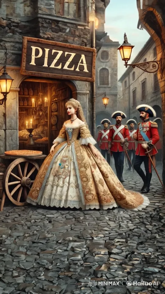 Royal Princess Savors Pizza on Cobblestone Street – AI Generated Video | Hailuo AI