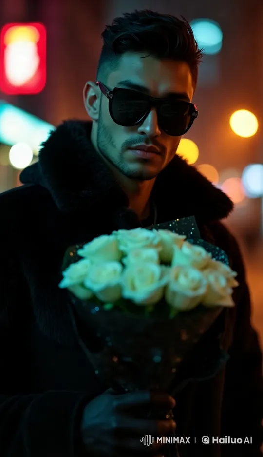 Stylish Man with Roses in Vibrant Cityscape – AI Generated Video | Hailuo AI