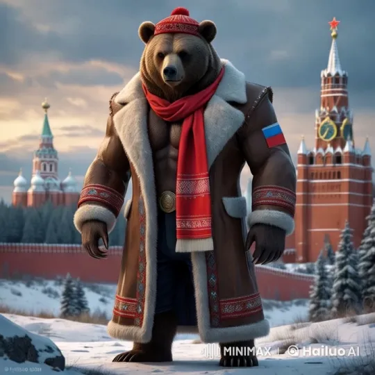 Luxurious Bear Stands Majestically Before the Kremlin at Dusk – AI Generated Video | Hailuo AI
