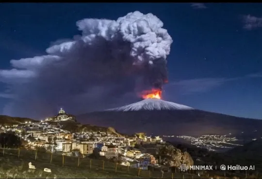 Erupting Mount Etna Devastates Village at Night – AI Generated Video | Hailuo AI