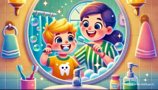 Animated Joyful Toothbrushing Scene with Child and Adult – AI Generated Video | Hailuo AI