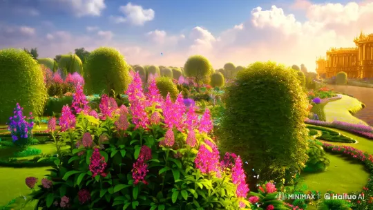 Garden Serenity with Golden Palace and Nature's Symphony – AI Generated Video | Hailuo AI