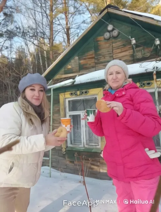 Women Enjoying Winter Snacks Outside Rustic House – AI Generated Video | Hailuo AI
