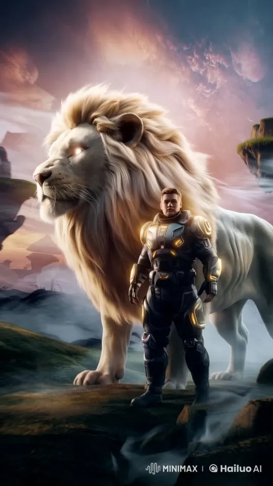 Majestic Lion and Armored Figure in Futuristic Wonderland – AI Generated Video | Hailuo AI