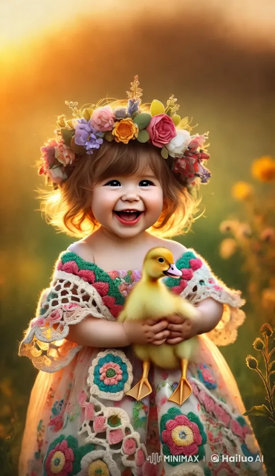 Girl with Floral Crown and Duckling in Meadow – AI Generated Video | Hailuo AI
