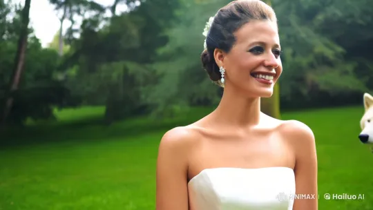 Joyful Bride and Protective Wolf in Forest – AI Generated Video | Hailuo AI