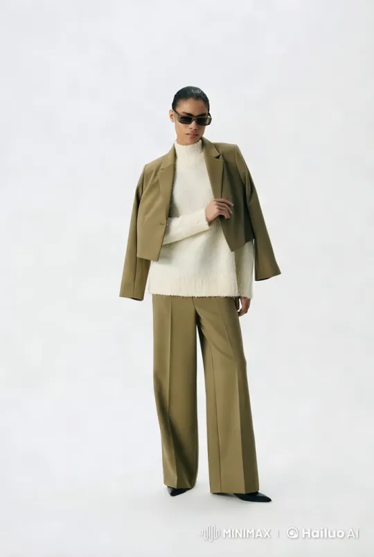 Model Showcases Elegant Beige Ensemble in Minimalist Studio – AI Generated Video | Hailuo AI