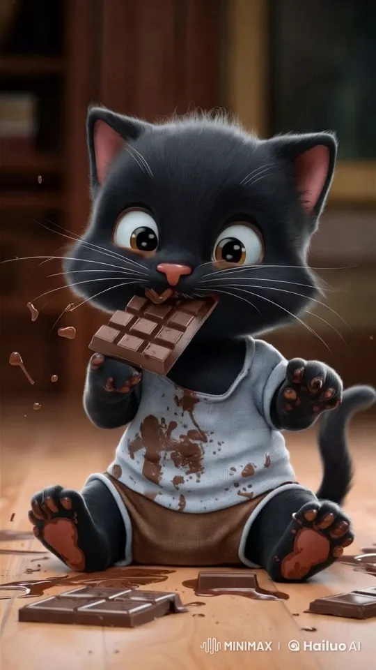 Cute Kitten Enjoying Chocolate on Wooden Floor – AI Generated Video | Hailuo AI