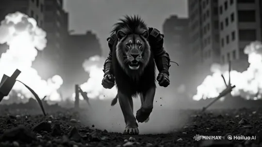 Lion in Tactical Armor Leads Charge Through War Zone – AI Generated Video | Hailuo AI