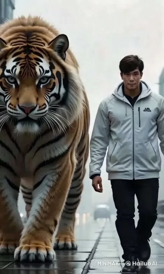 Man Walks with Majestic Tiger on Wet City Street – AI Generated Video | Hailuo AI