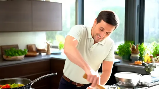 Cheerful Chef in Modern Kitchen Preparing Meal – AI Generated Video | Hailuo AI