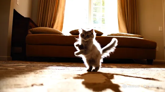 Sunlit Play: Kitten Frolics on Patterned Carpet – AI Generated Video | Hailuo AI
