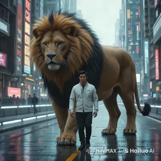 Futuristic Cityscape: Man, Majestic Lion, and Urban Life – AI Generated Video | Hailuo AI