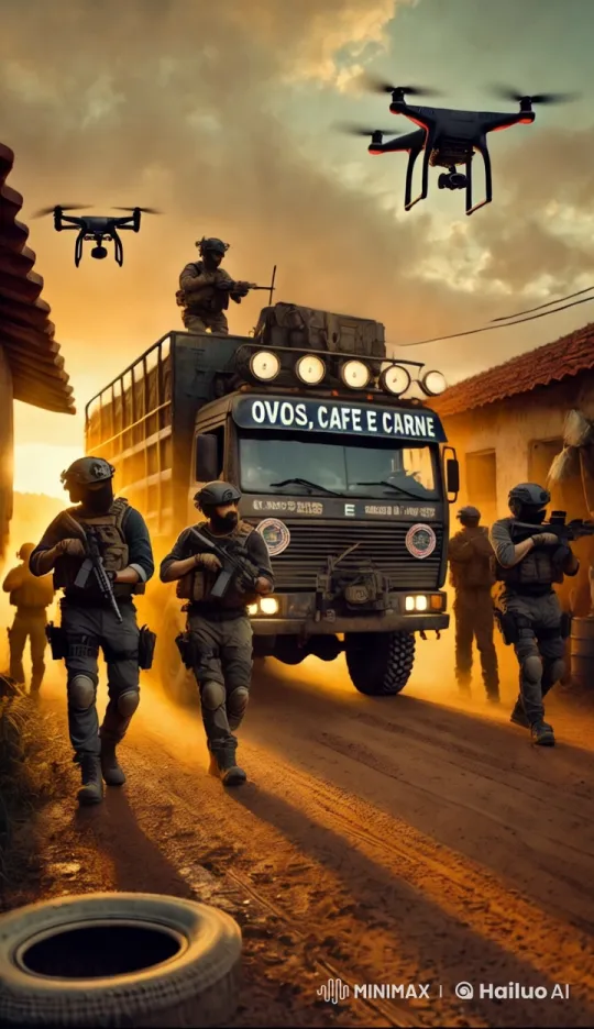 Military Convoy Transits Village at Dusk with Tension – AI Generated Video | Hailuo AI