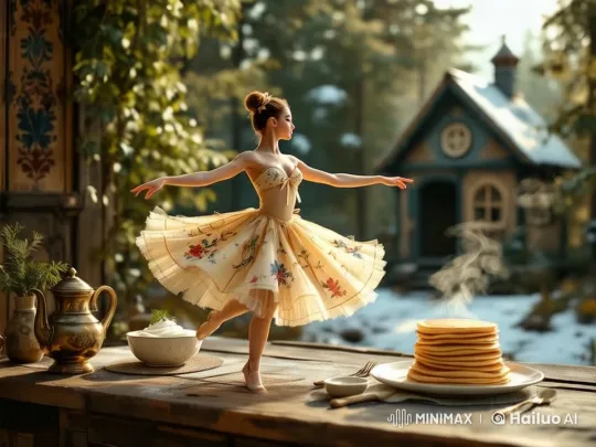 Ballerina Dances Gracefully Amidst Russian Tabletop Festivity – AI Generated Video | Hailuo AI