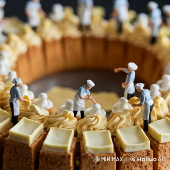 Miniature Chefs Orchestrate Artful Cake Decoration – AI Generated Video | Hailuo AI